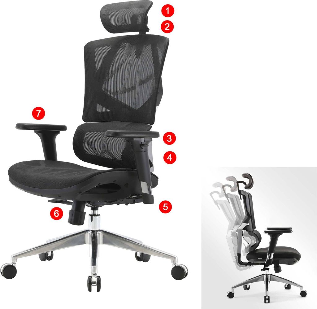SIHOO Bürostuhl Schreibtischstuhl ergonomisch, Lordosenstütze hohe Rückenlehne 3D-Armlehnen Mesh schwarz