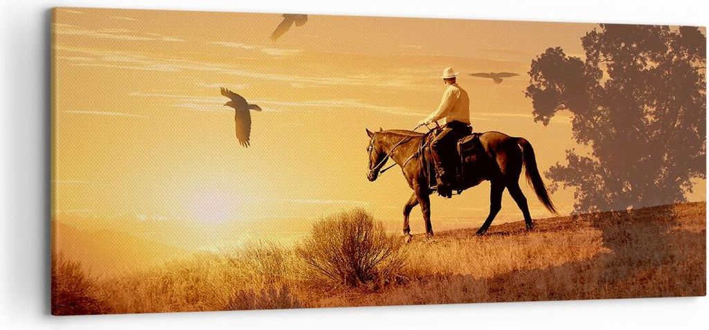 Bild auf Leinwand - Leinwandbild - Pferd Cowboy Bauernhof Reiten - 120x50cm - Wand Bild - Wanddeko - Leinwanddruck - Bilder - Kunstdruck - Wanddeko...