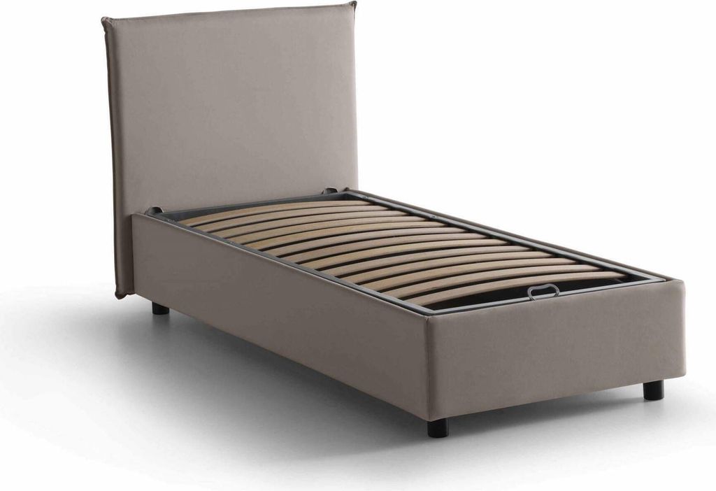 Einzelbett Bruna, Containerbett mit Stoffbespannung, 100% Italy, Frontöffnung, passend für Matratze Cm 80x190, Turteltaube