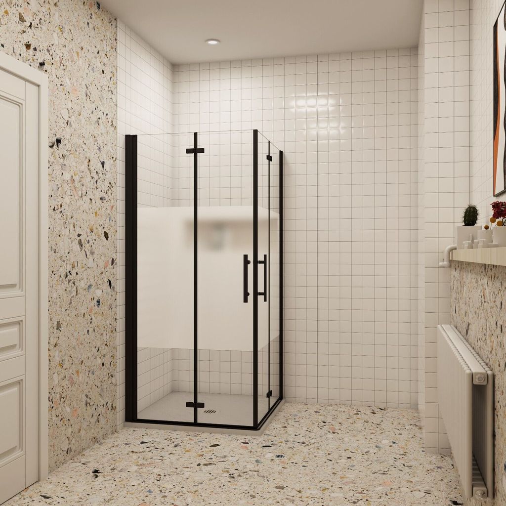 B.120x110cm H.195cm Schwarz Teilsatiniert Falttür eckdusche Duschkabinen 6mm NANO ESGglas Pendeltür Duschabtrennung Eckeinstieg Dusche