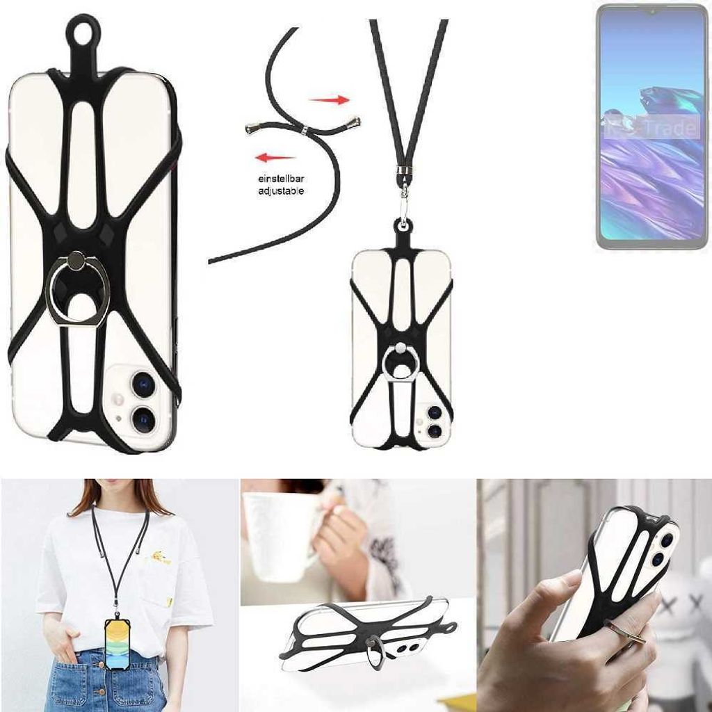 K-S-Trade 3in1 Handykette Handyband Handykordel Halsband Smartphone-Ring Handy-Ring kompatibel mit TCL 40 XE Fingerhalterung Handyring Tischständer