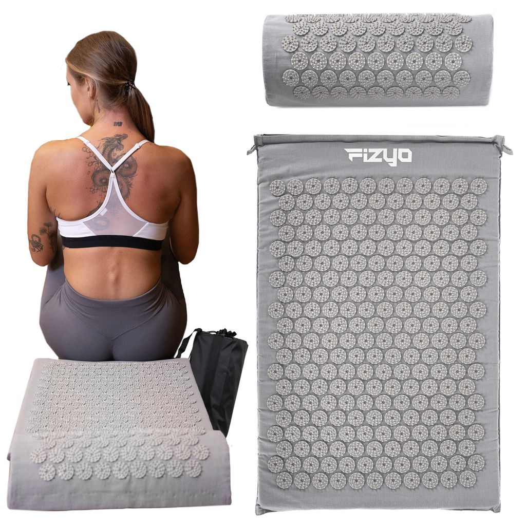FIZYO Akupressurmatte mit Massage- und Regenerationskissen zur Linderung von Rücken-, Kopf- und Nackenschmerzen, Stress und Schlafstörungen – Grau