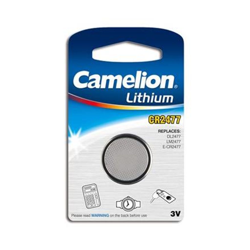 A blister pack of Camelion Lithium CR2477 batteries.