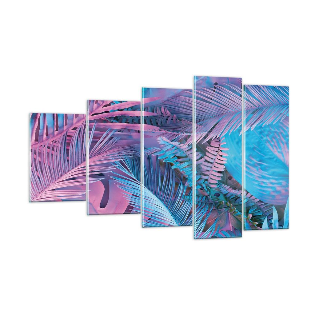 Bilder auf glas - 5 Teile - Blätter Rosa Blau - 100x60cm - Glasbilder - Wandbilder - Bilder - zum Aufhängen bereit - Wanddekoration aus Glas - Gl...