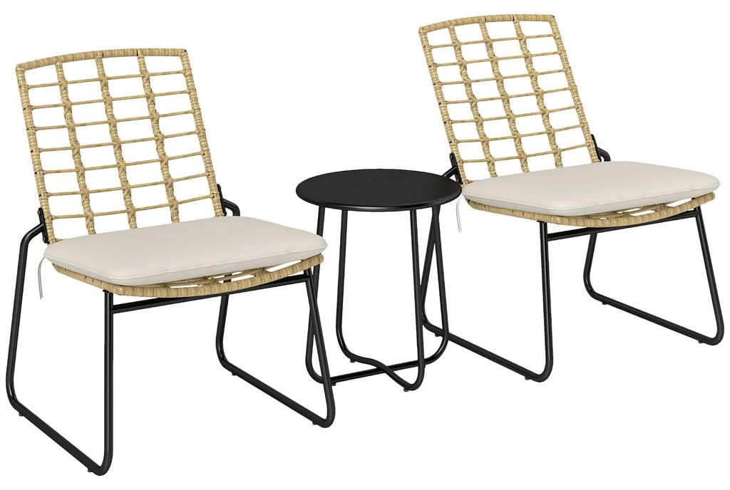 3-teiliges Gartenm?bel-Set. 2 Rattan-Stš¹hle. 1 Tisch mit Metallplatte. Sitzkissen. Bistro-Set. Beige & Braun
