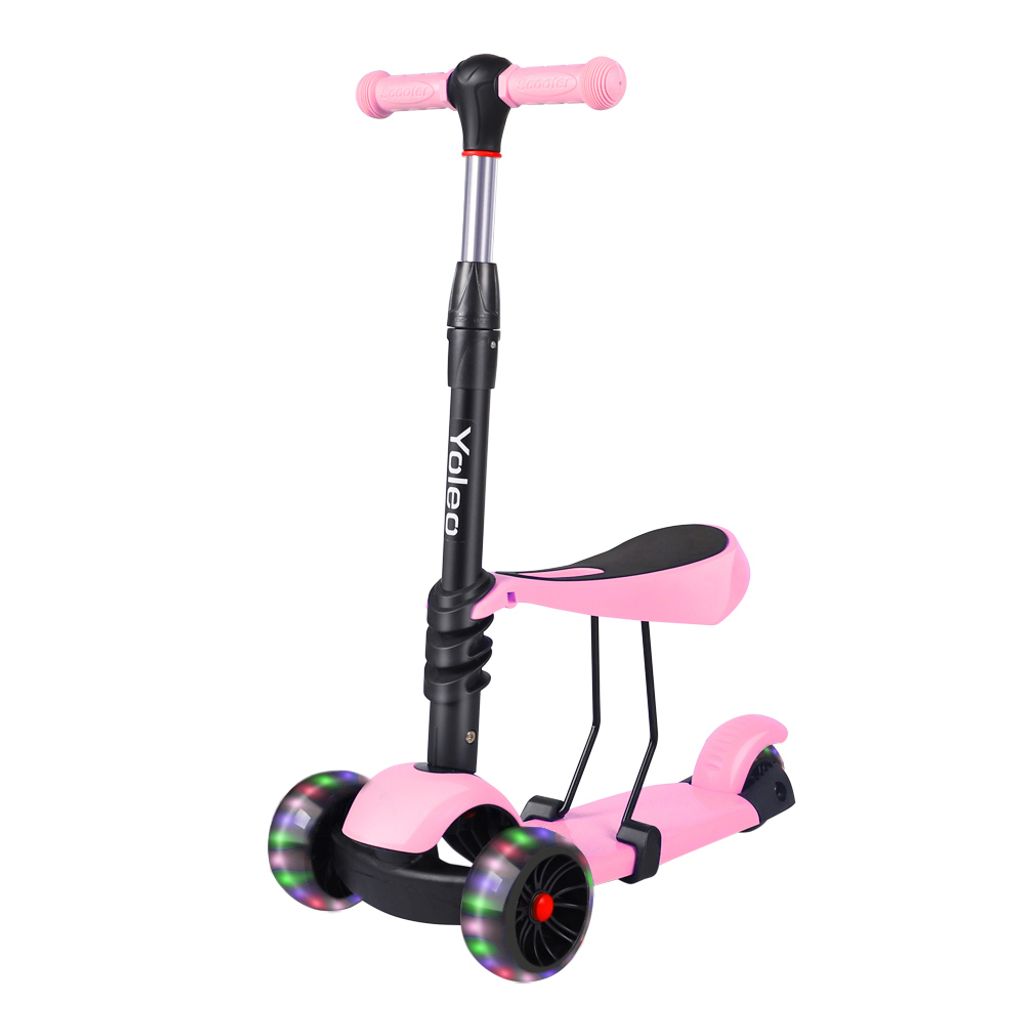 LED Kinderroller Scooter mit Sitz Tretroller Kickroller 3Rad Roller Laufrad Rot 