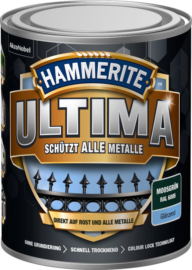 Hammerite Metallschutzlack Ultima Glänzend, Hochwertiger Schutzlack für alle Metalle im Außenbereich, Moosgrün, RAL 6005, 750 ml