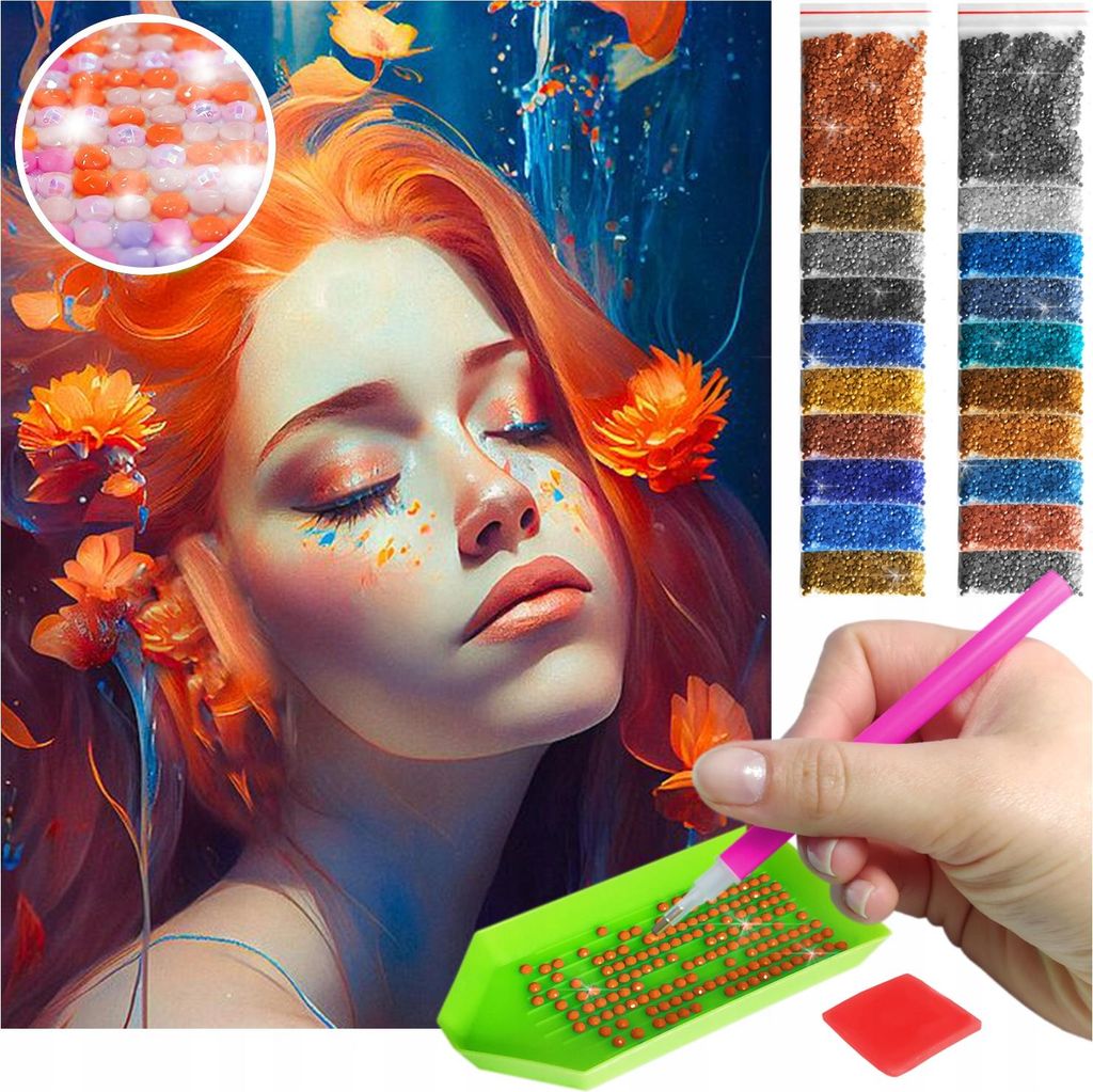 ARTULIO - Diamond Painting Set - Frauenporträt mit Orangen Blumen - 40 x 30 cm - AB Steine, AB Diamant - Bilder DIY, Crystal Art