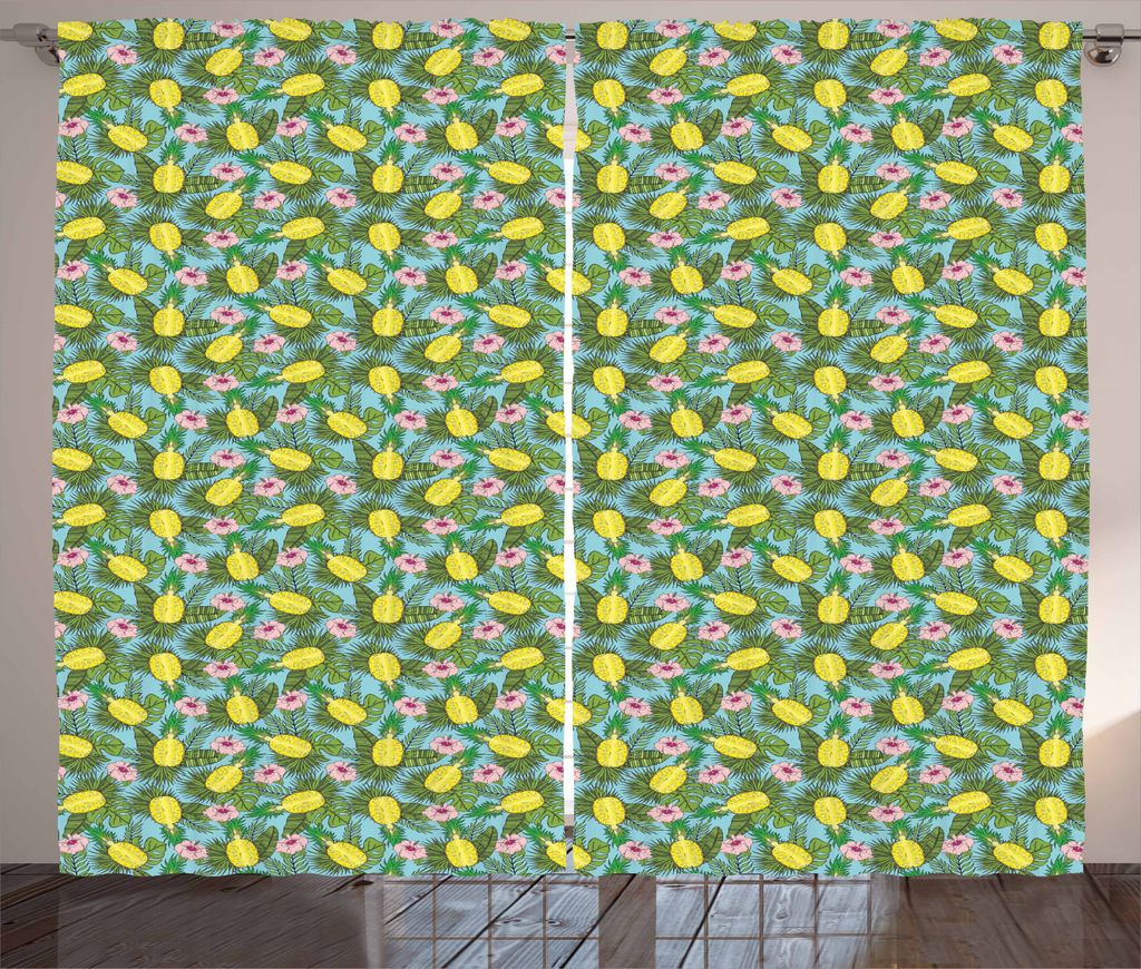 ABAKUHAUS Ananas Rustikaler Vorhang, Sommersaison Obst Blatt, Wohnzimmer Universalband Gardinen mit Schlaufen und Haken, 280 x 245 cm, Mehrfarbig