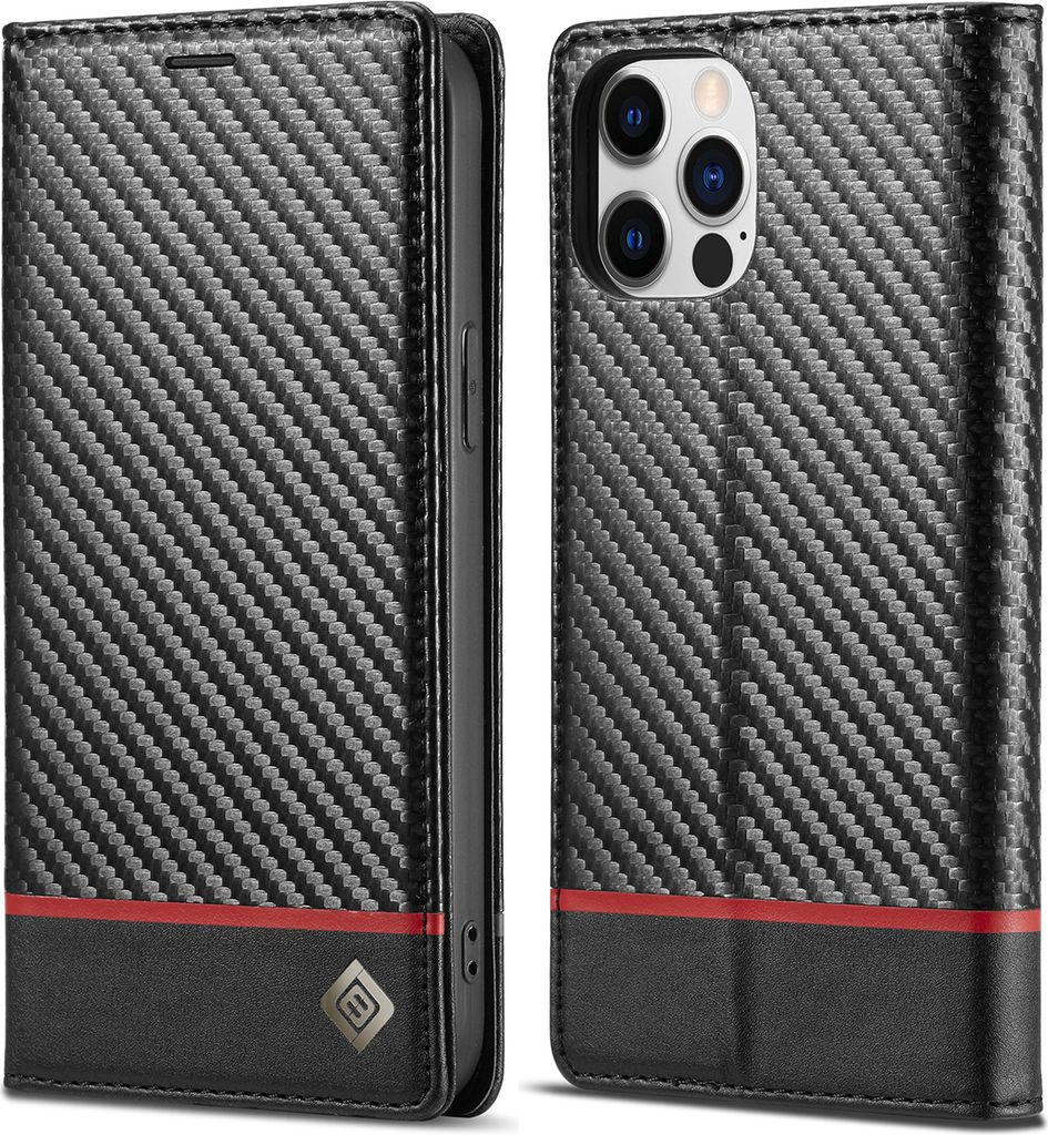 Hülle für iPhone 12 Mini Kohlefaser Leder Brieftasche Schutzhülle mit Standfunktion Schwarz Horizontal Rot