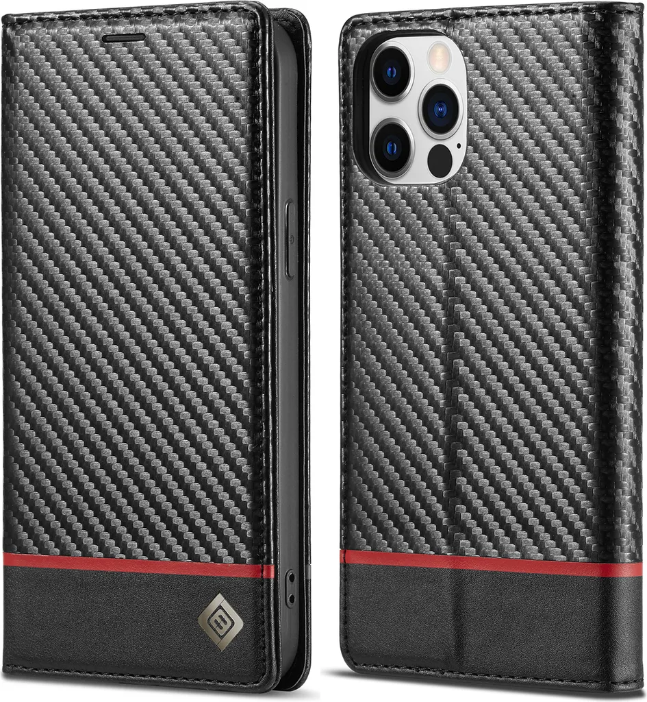Custodia iPhone 12 Mini Pelle Carbonio con Magnete e Supporto - Nero Rosso