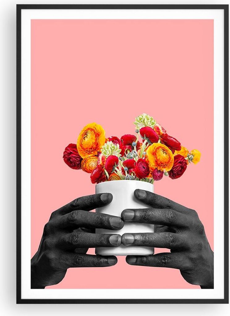 Gerahmtes Poster - Schwarzer Rahmen - Schwarz Hände Blumen - 70x100 cm - Wand Bild - Wanddeko - Wandbilder - Kunstposter - Wandposter - Bilderrahm...