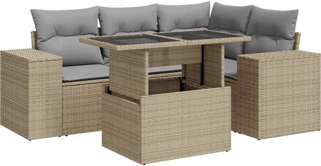 vidaXL 5-tlg. Garten-Sofagarnitur mit Kissen Beige Poly Rattan