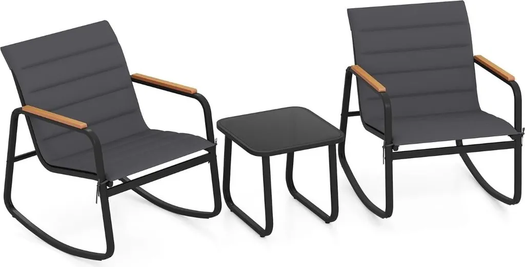 Salon de Jardin Rocking Chair en Acier avec Table Basse Design Verre