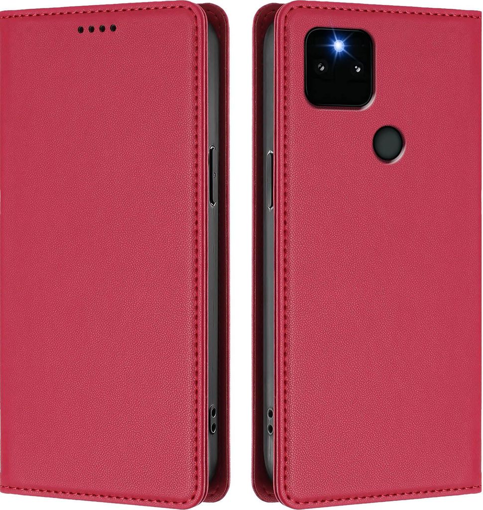 Handyhülle für Google Pixel 5A 5G, Kunstleder Klapphülle Stoßfeste Magnetische Hülle mit Ständer Rot