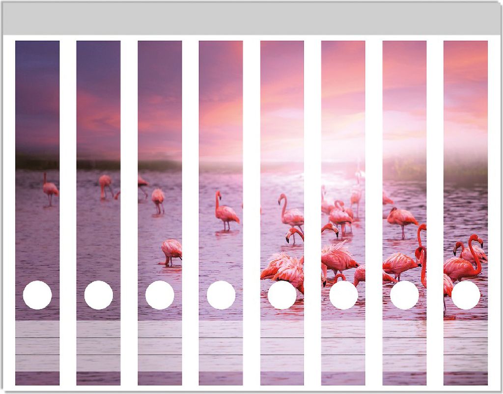 Wallario Ordnerrücken Sticker, selbstklebend für schmale Ordner, 8 Stück, Motiv Rosa Flamingos bei Sonnenuntergang