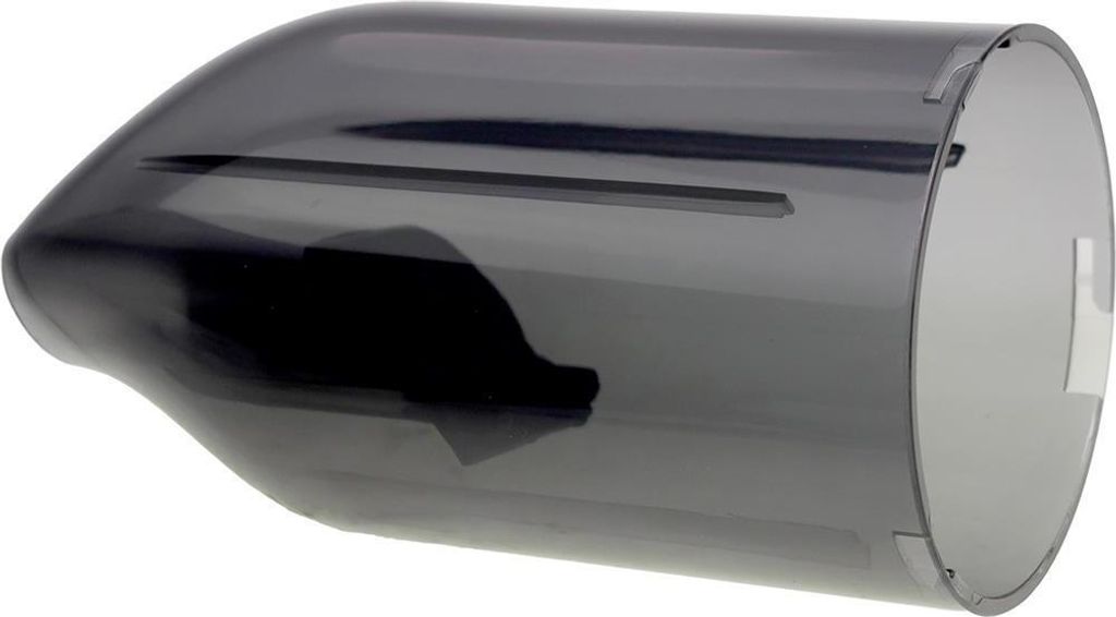 A close-up, studio shot of a gray, transparent plastic dust container with a pointed front and a cylindrical back.
