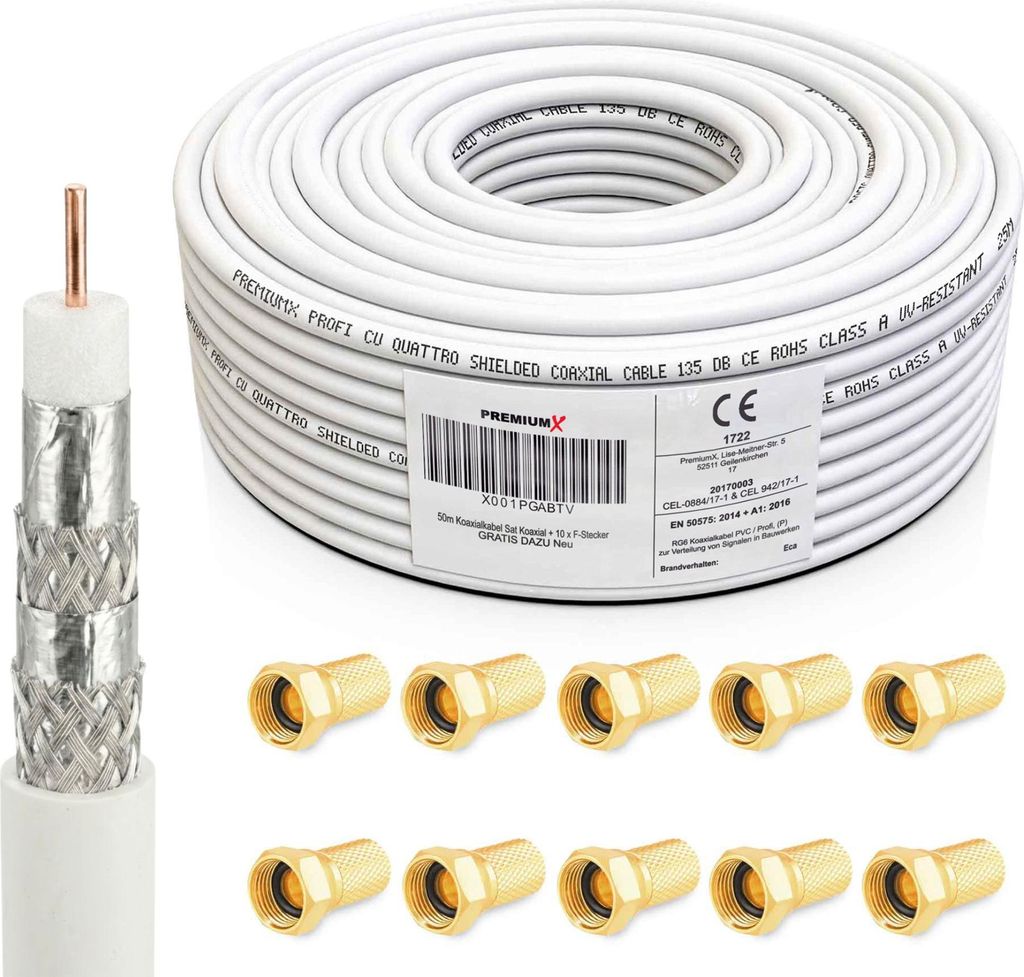 PremiumX 50m PROFI Koaxialkabel 135dB CU 4-fach Antennenkabel 10x F-Stecker
