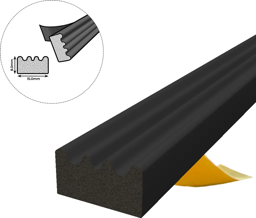Joint caoutchouc profilé E 15x8mm noir autocollant EPDM haute densité 20m