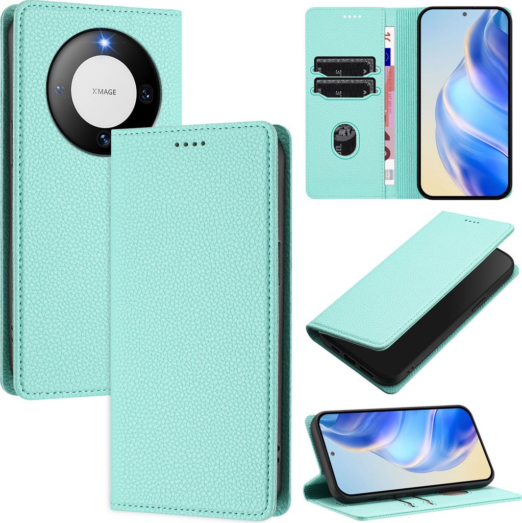 Litchi Leder Handyhülle für Huawei Mate 60 Pro/Mate 60 Pro+ Wallet Kartenfächer Standfunktion Hülle Türkis