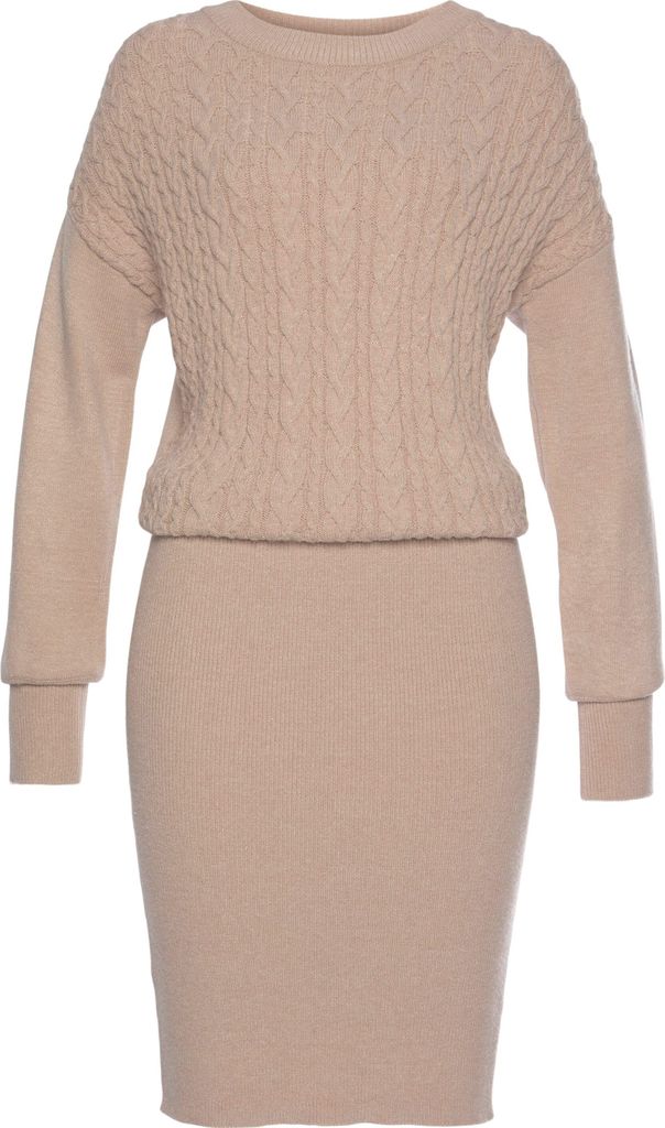 LASCANA Strickkleid mit Zopfmuster im Oberteil vorn und Produktbild 