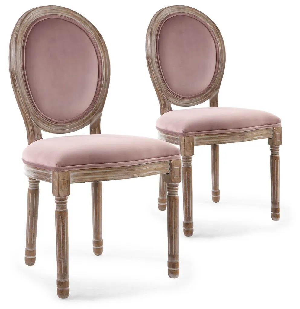 Chaises en bois massif patiné et velours capitonné rose poudré