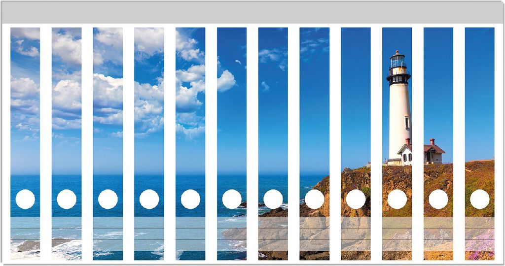 Wallario Ordnerrücken Sticker, selbstklebend für schmale Ordner, 12 Stück, Motiv Leuchtturm auf einem Felsvorsprung - Blauer Himmel