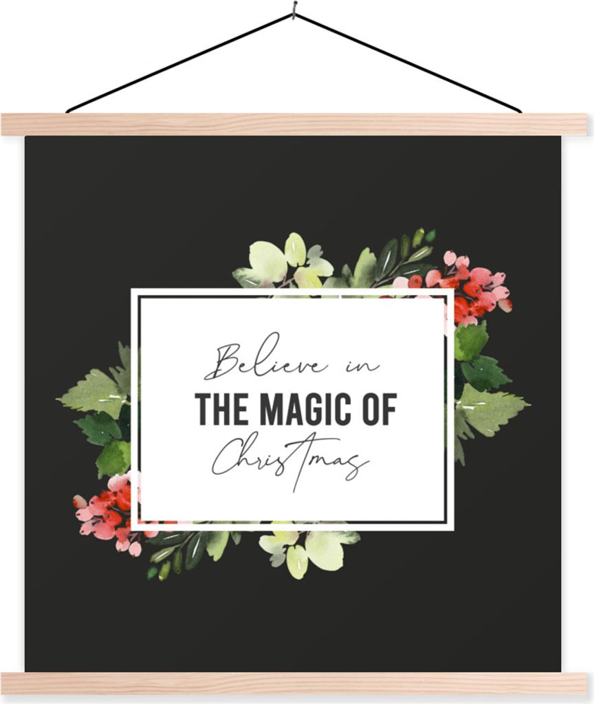 MuchoWow Textilposter Weihnachten - Zitat - Magie 120x120 cm mit holzfarbenen Rahmen - Textil-Poster