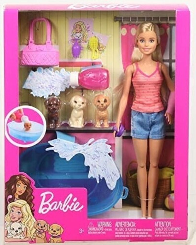 Mattel Barbie-Blonde Puppe und Set von 3 Welpen, Badewanne und Zubehör, Spielzeug 3 Jahre alt, Multicolour GDJ37 Barbie