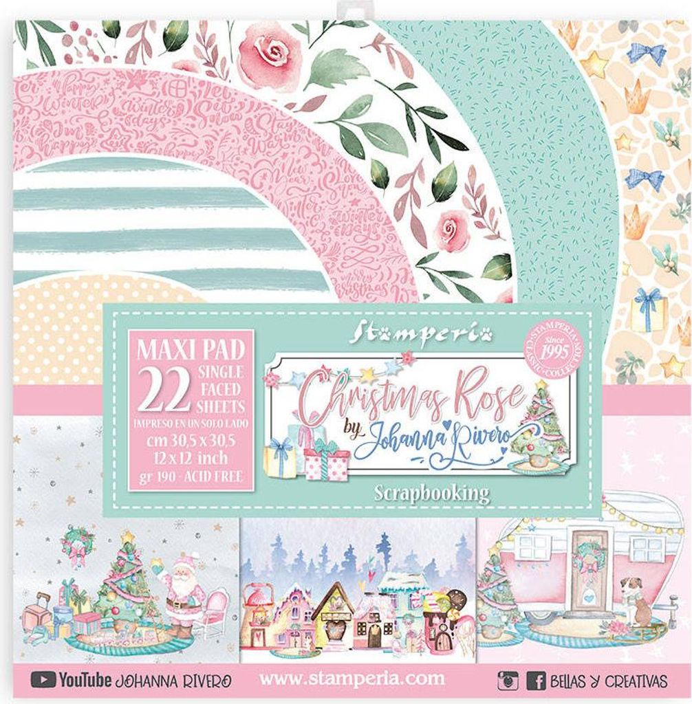 STAMPERIA Set 22Blatt 30,5x30,5cm einseitig Scrapbooking Papier 190g, Christmas Rose