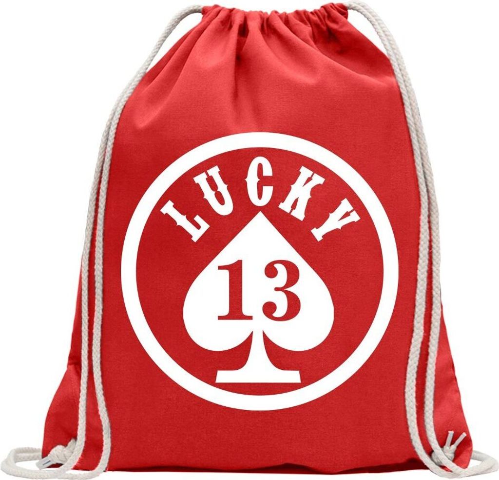 Kiwistar - Turnbeutel - rot - Lucky 13 - Fun Rucksack Sport Beutel Gymsack Baumwolle mit Ziehgurt