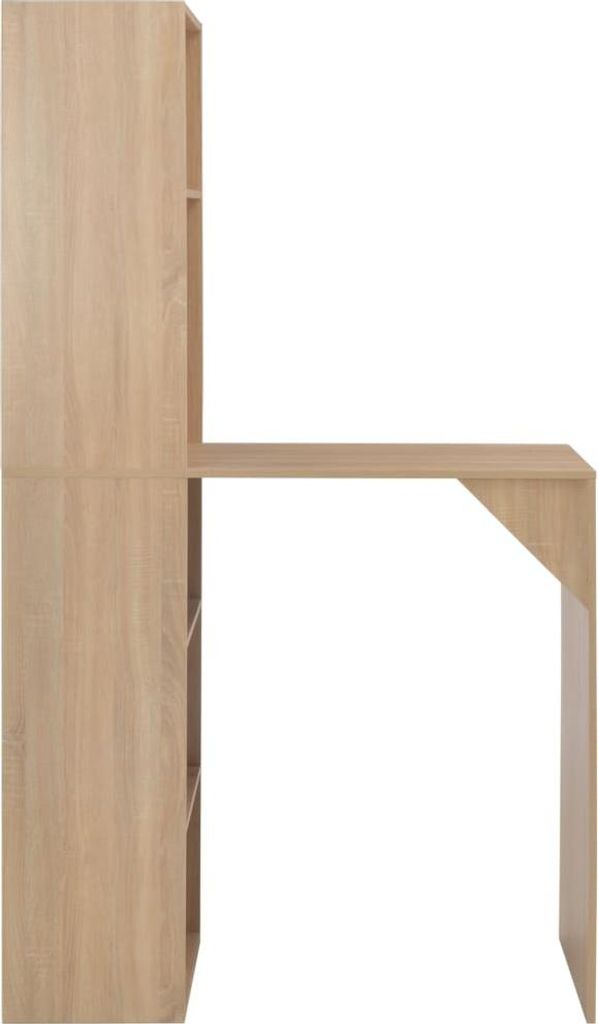 A side view of a light brown wooden bartop table with shelves on the left.