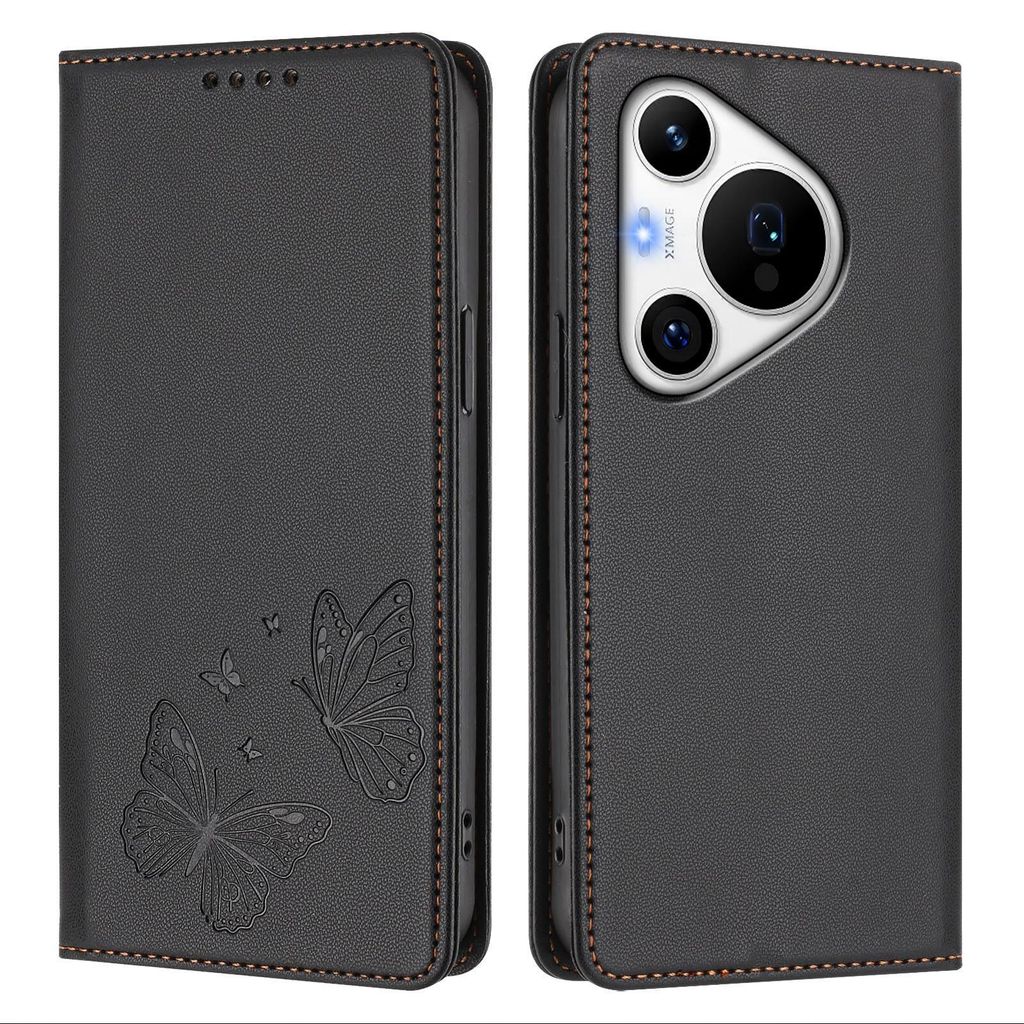 Lederhülle für Huawei Pura 70 Pro/Pura 70 Pro+, Schmetterling Prägung Leder Brieftasche Schutzhülle mit Ständer Schwarz