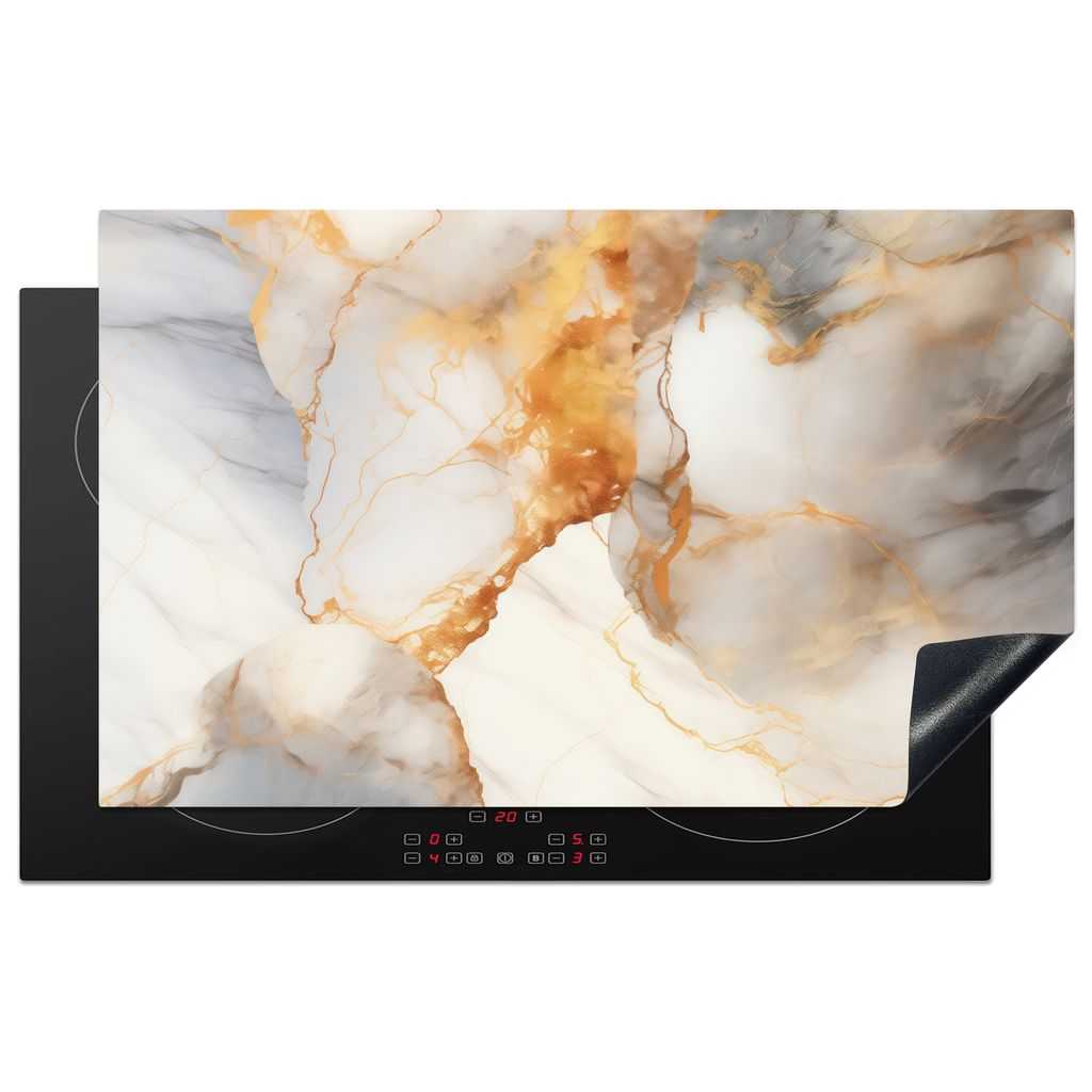 KitchenYeah Herdabdeckplatte Marmor - Grau - Gold , 83x51cm, Küche Deko, Glaskeramikkochfeld Herdabdeckung, Abdeckplatte fùr Kochfeld