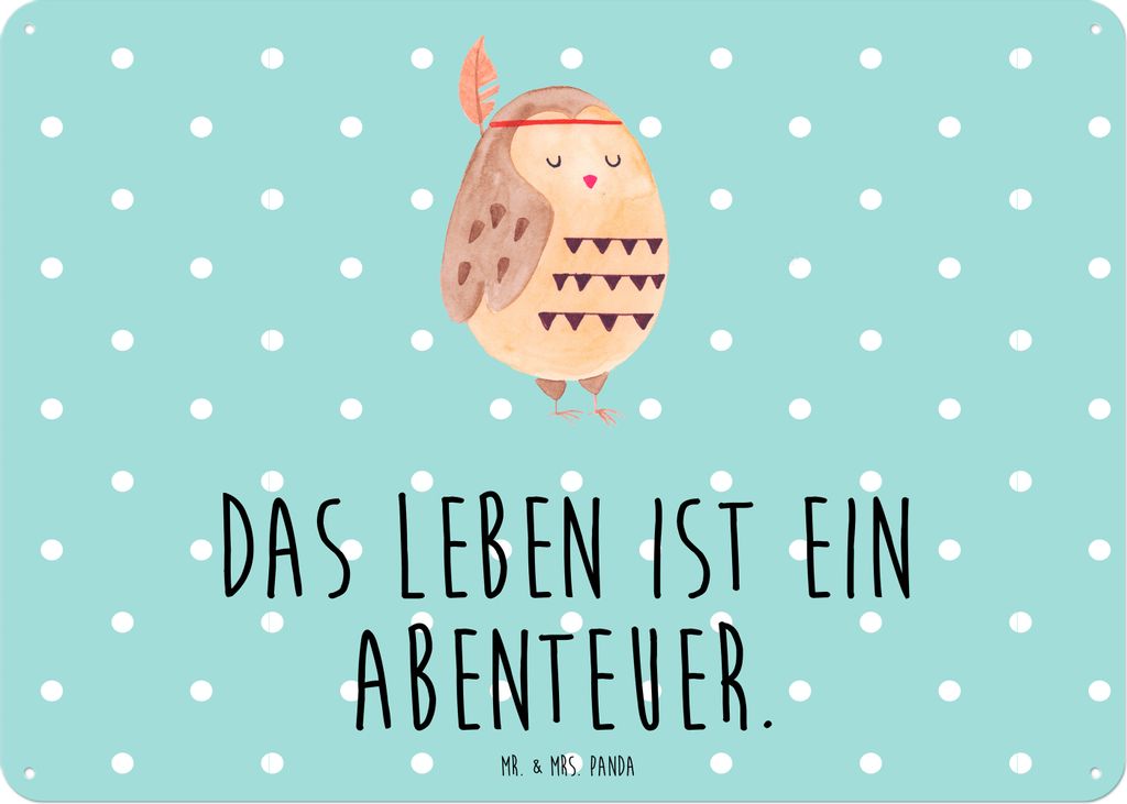 Mr. & Mrs. Panda Schild Eule Federschmuck DIN A3 - Türkis Pastell - Geschenk, tafel, Waldtiere, Owl, Blechschild, wandtafel, Türschild Metall, De...