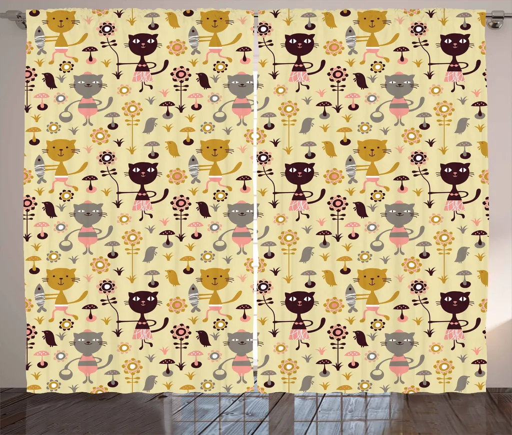 ABAKUHAUS Tenda rustica con gatti, animali felini nel bosco, tenda con nastro arricciato per camera da letto con passanti e ganci, 280 x 175 cm, multicolore
