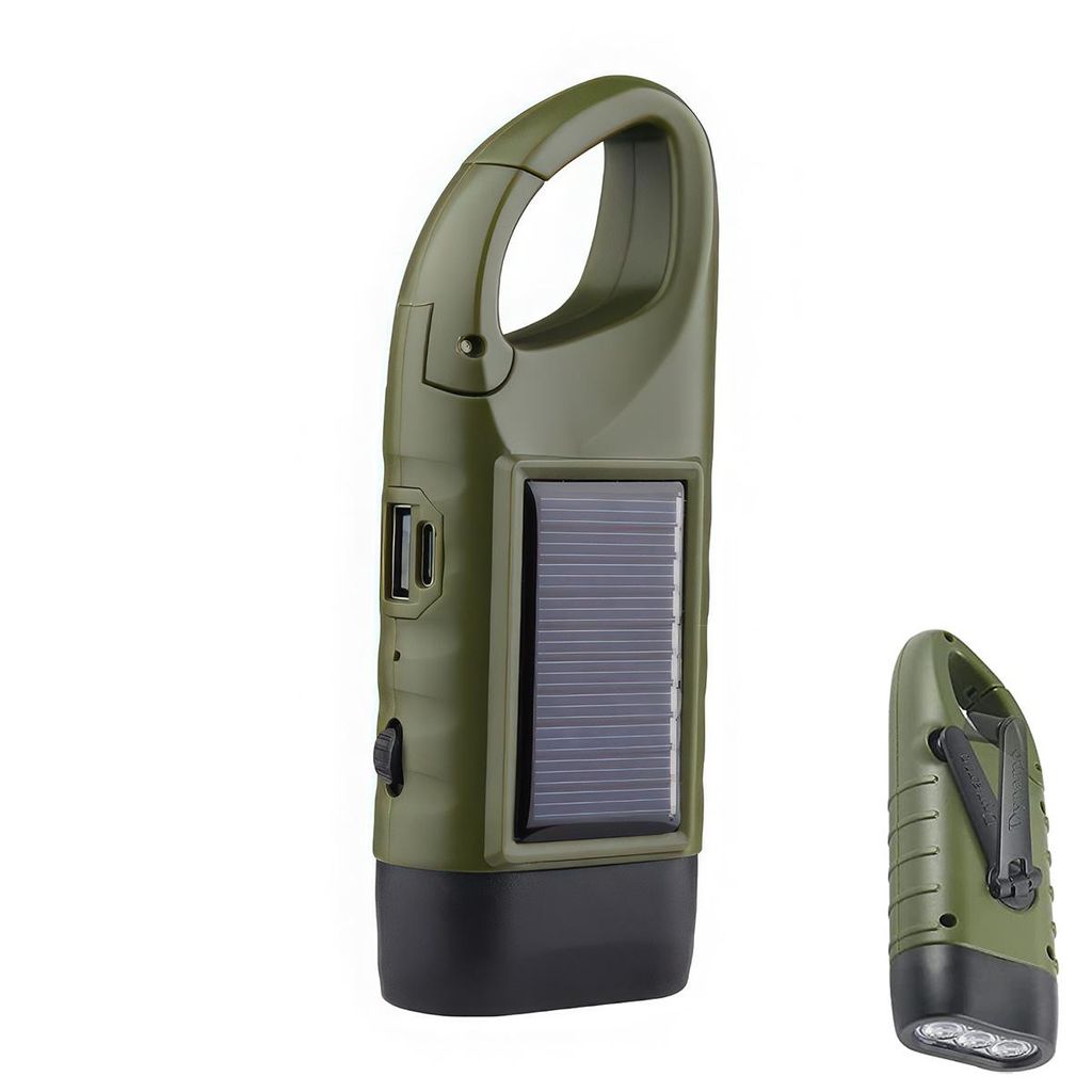 LED Taschenlampe mit Kurbel und Solarpanel, USB wiederaufladbar, Mini Notfalllampe mit Karabiner für Outdoor, Camping und Stromausfall
