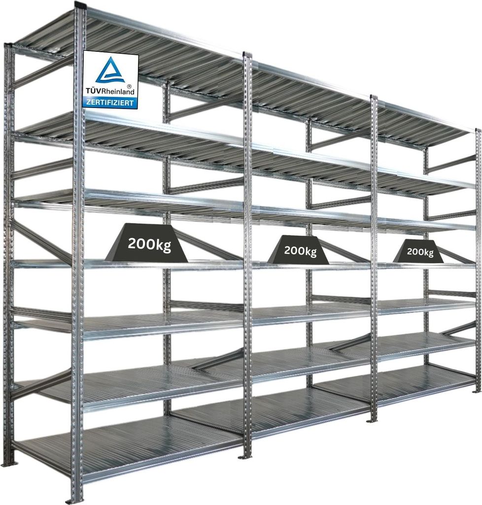 Fachbodenregal PROXIMO mit Stecksystem | Komplettregal | HxBxT 250x360x60cm | 7 Ebenen | Beidseitig nutzbar | Verzinkt