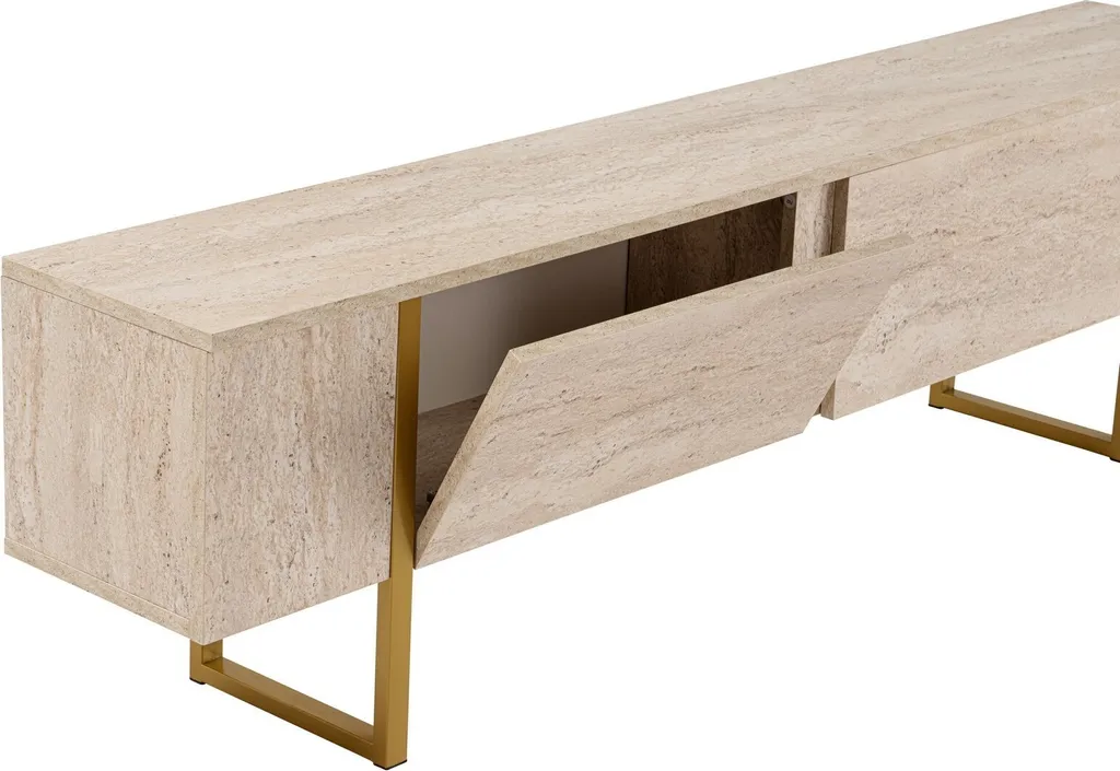 Grand Meuble TV de Salon 180cm, Décor Travertin et Or pour Déco Moderne
