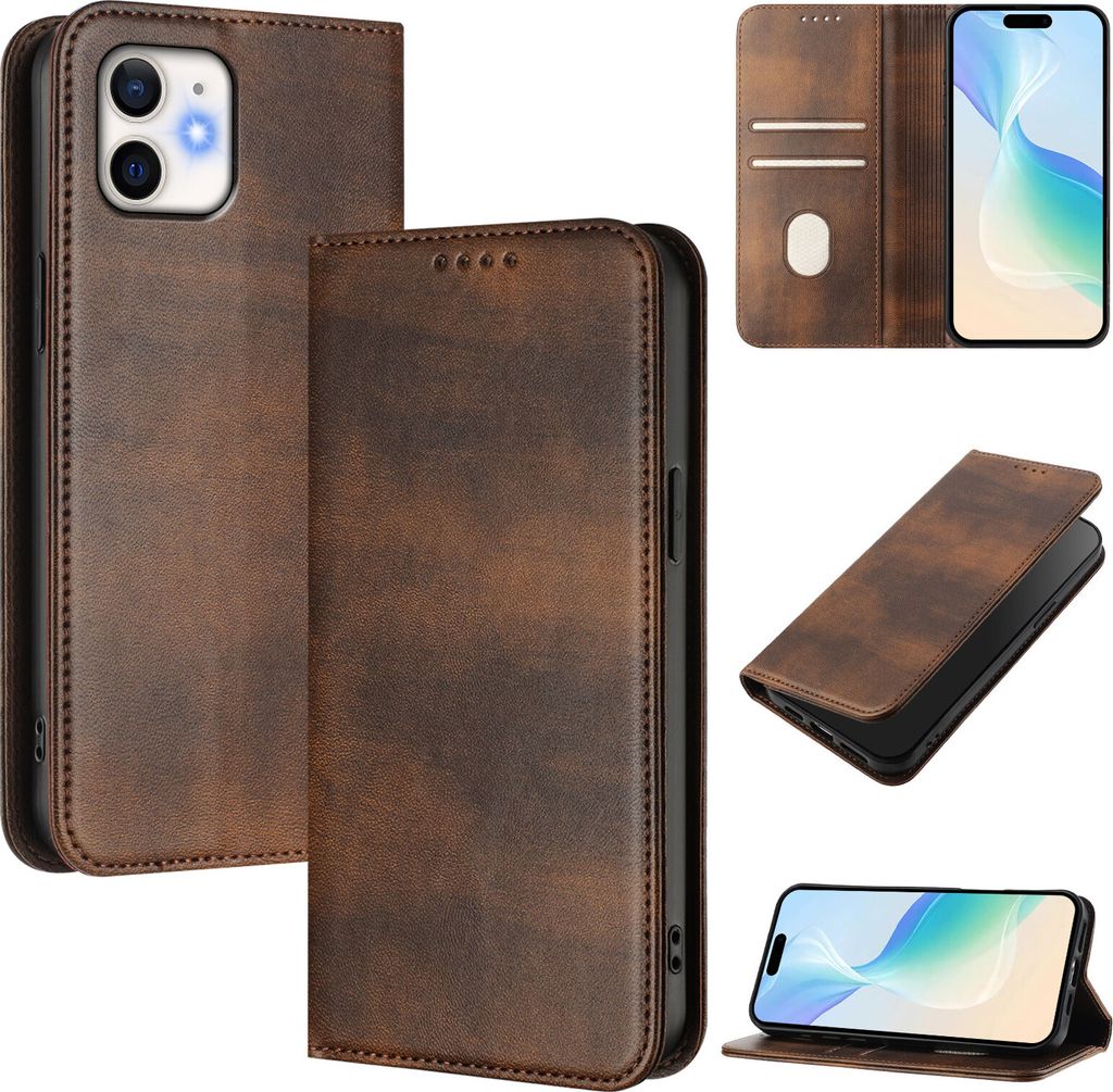 Handyhülle für iPhone 12 / iPhone 12 Pro, Vintage Leder RFID Schutz Kartenfach Standfunktion Magnetische Klapphülle Braun
