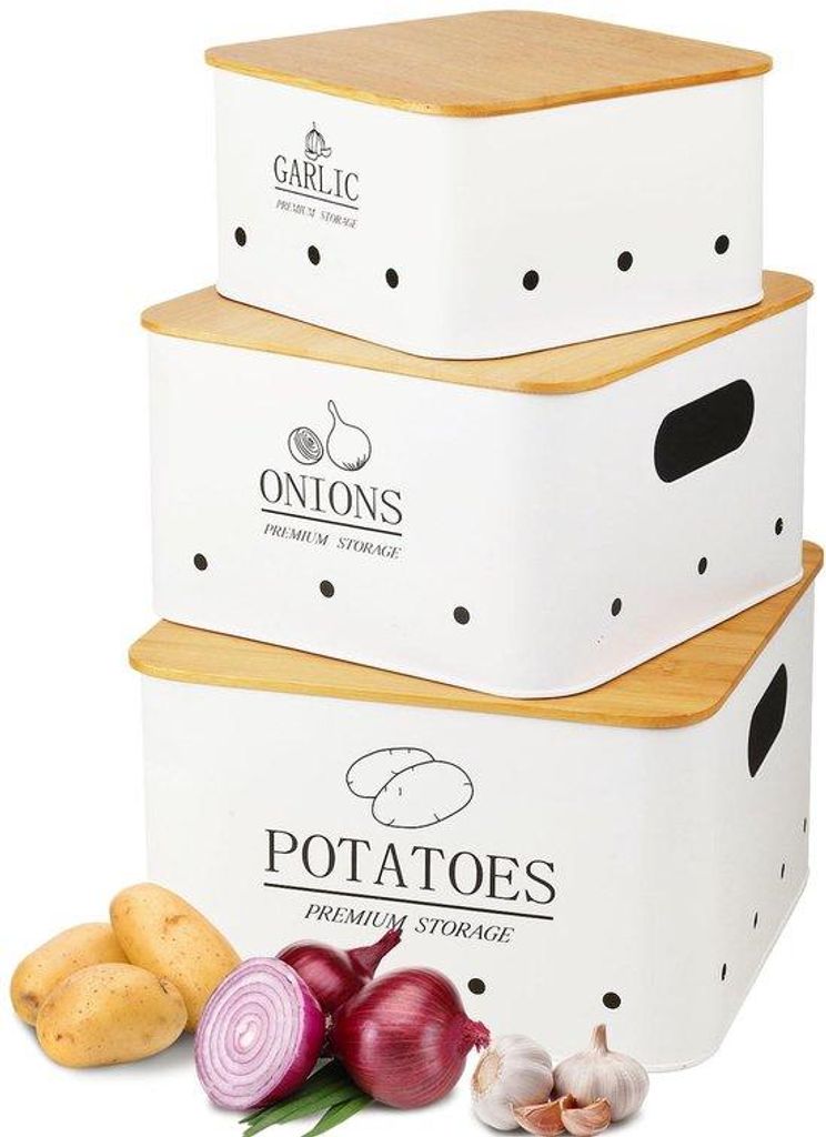 Kühlbox Set aus 3 - Kartoffel, Zwiebel und Knoblauch Box aus Bambus - Hält Gemüse länger frisch - Kartoffel, Zwiebel und Knoblauch Gefäße - W...