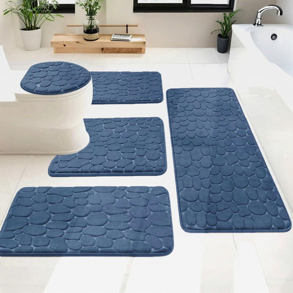 Badezimmerteppich Set 5 Teilig, Weiche Badematte und U Förmige wc Vorleger, Badteppich rutschfest Waschbar Badvorleger Set, Marineblau