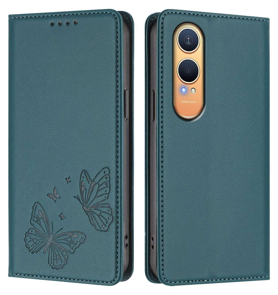 Lederhülle für OnePlus Nord CE4 Lite, Schmetterling Prägung Leder Brieftasche Schutzhülle mit Ständer Grün