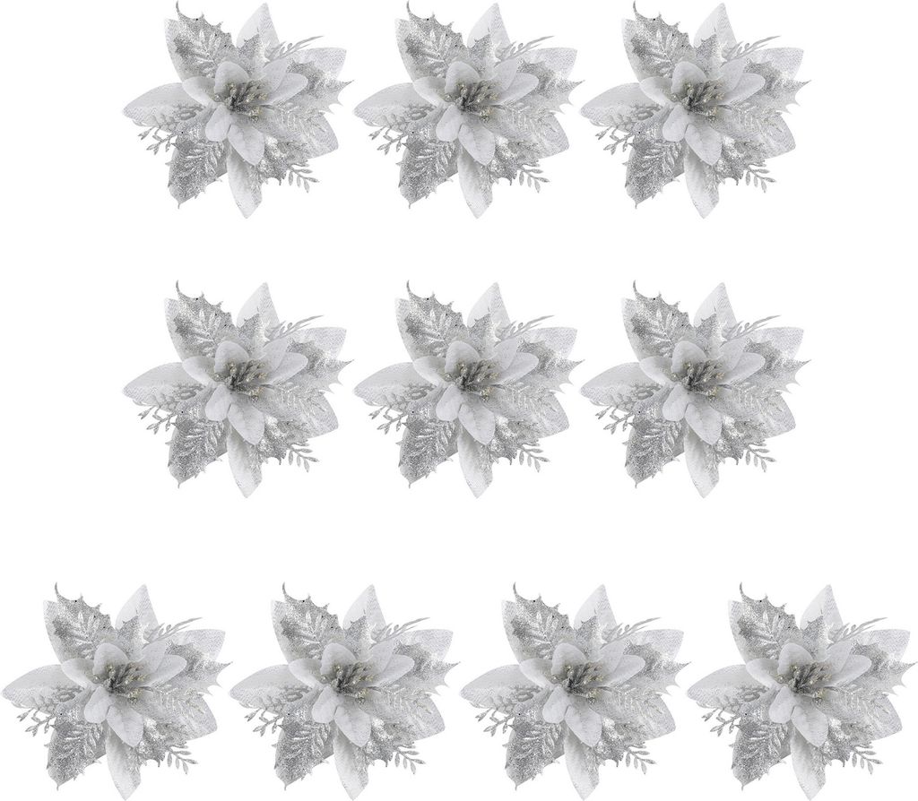 10 Teile/satz Weihnachten Künstliche Blume Glitter Blätter Rot Goldene Silber-farbe Layered Dekoration Gefälschte Blume Foto Requisiten Silber