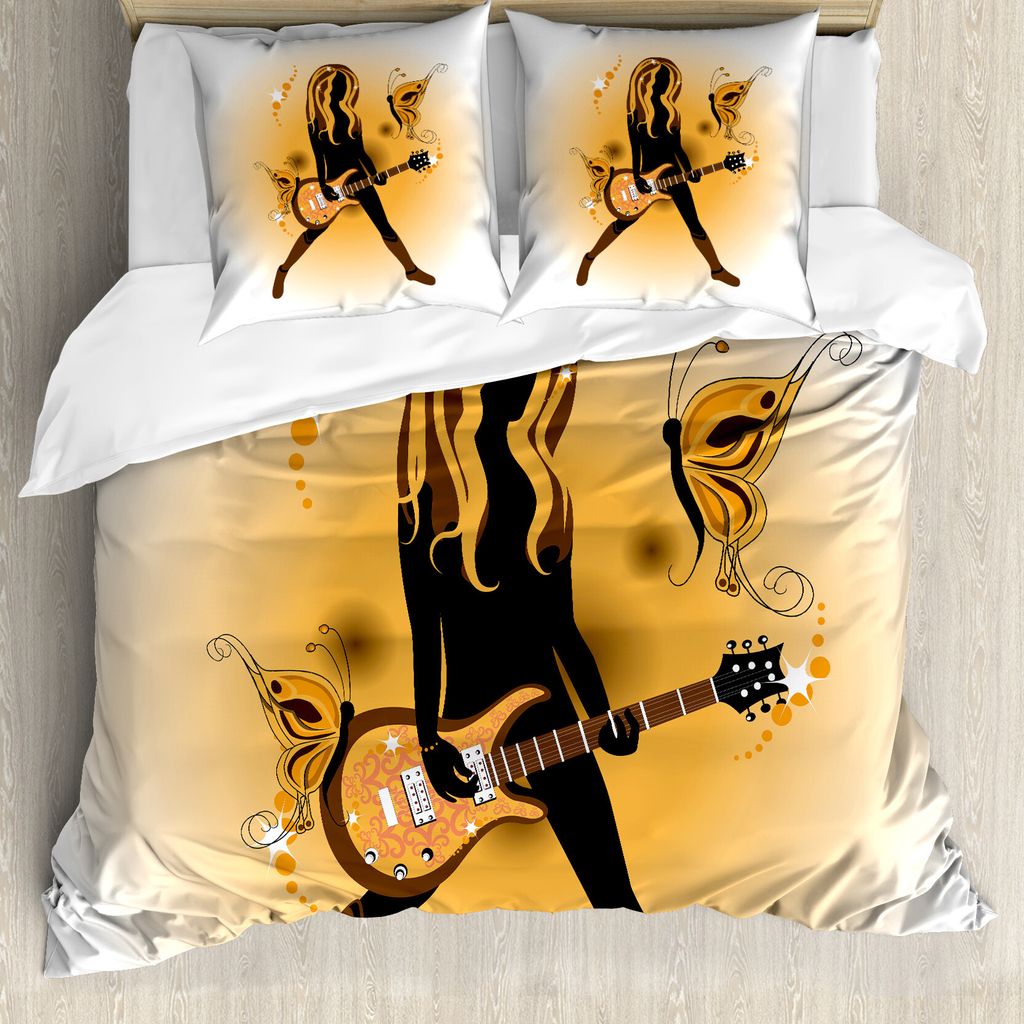 ABAKUHAUS Popstar-Party Bettbezug, Mädchen-Haar-Gitarre, Milbensicher Allergiker geeignet mit Kissenbezügen, 200 cm x 200 cm - 80 x 80 cm, Orange...