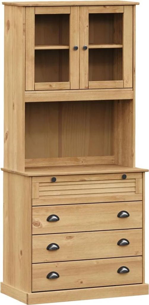 A wooden highboard with glass-doored cabinets on top and drawers below, presented against a white background.