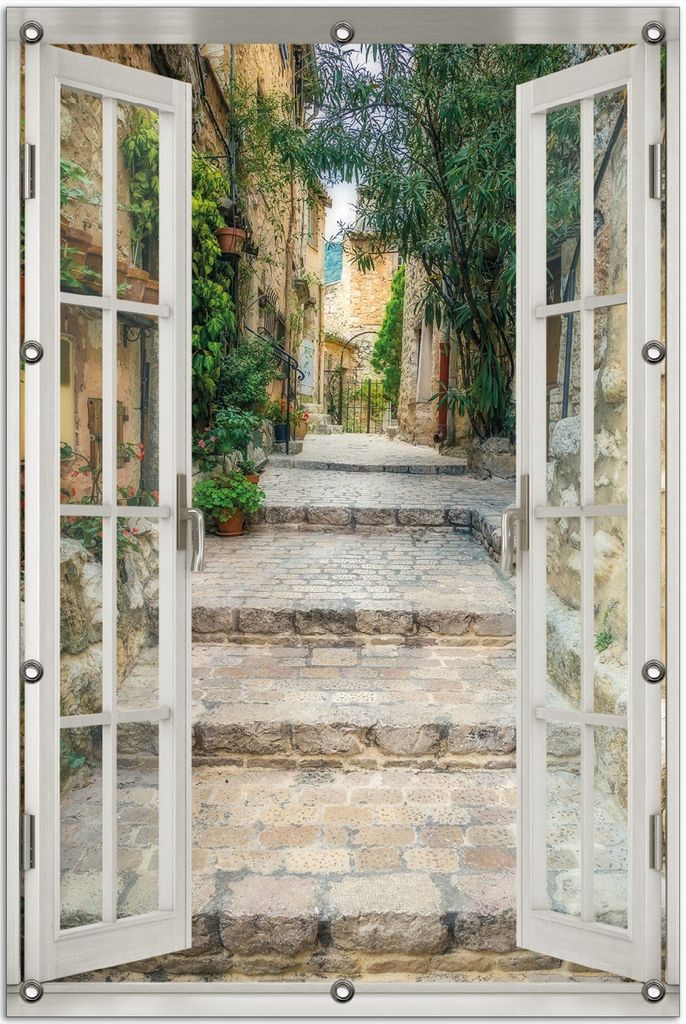 Wallario Outdoor-Poster für Garten oder Balkon 80 x 120 cm: Alte steinerne Gasse in Südfrankreich