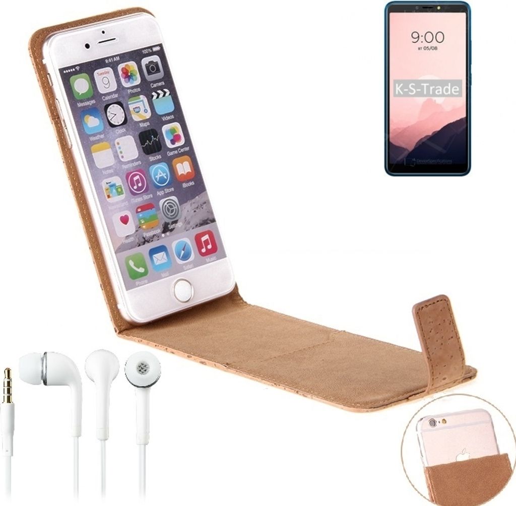 K-S-Trade Schutzhülle mit Kopfhörer kompatibel mit BQ Mobile BQ-6030G Practic Handyhülle Cover Kork Tasche Flipstyle Case