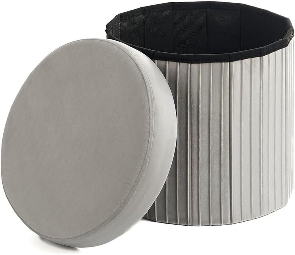 Theo Cleo Runder Samt Aufbewahrungshocker,Sitzhocker mit Stauraum,Samthocker,Polsterhocker Rund,Fußstütze Hocker,38X36cm 36L (Grau)