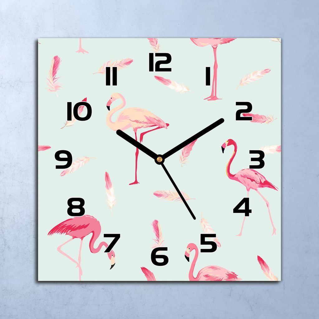 Wanduhr Echt-Glas-Küchenuhr Flamingo Vogel rosa Quarz 30x30 Deko Bilder